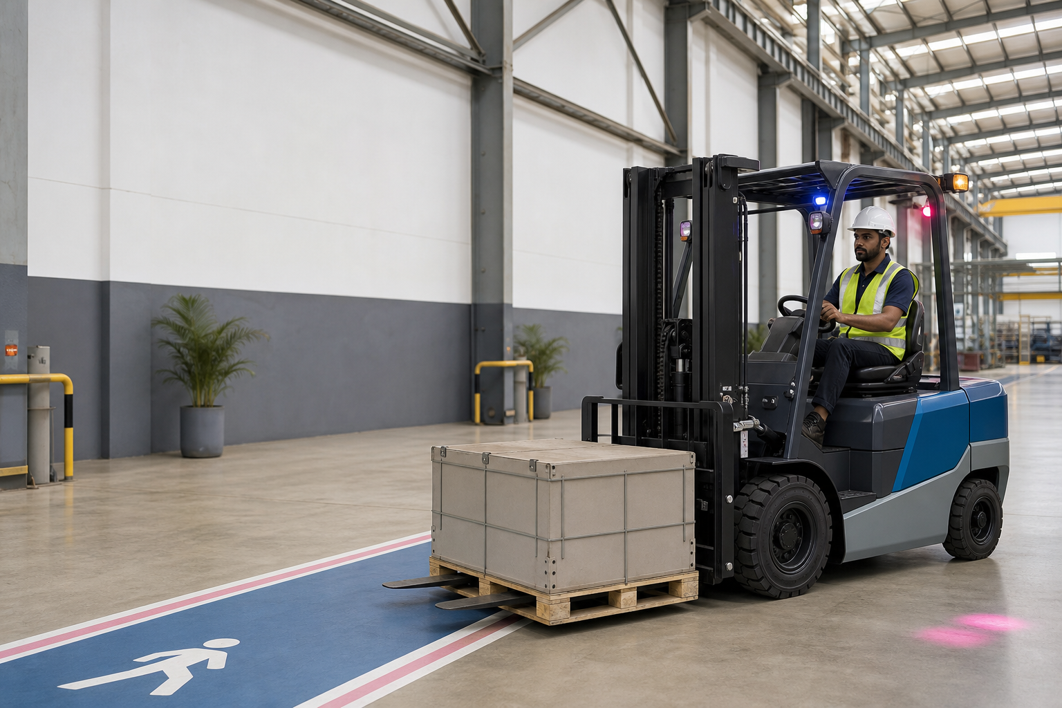 Forklift operator moving a pallet safely inside a marked warehouse